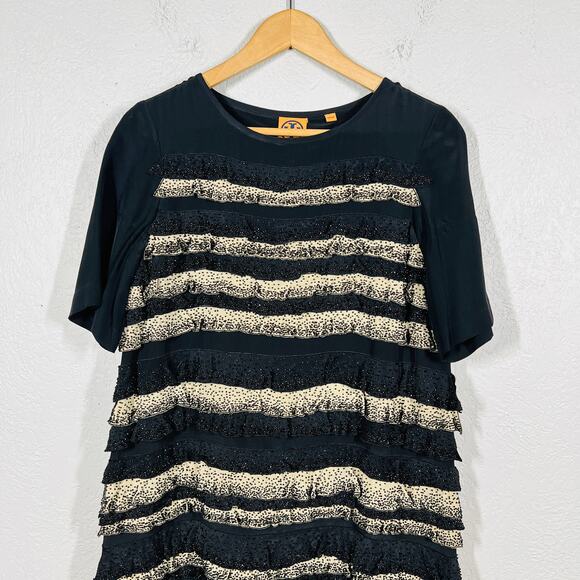 Tory Burch Beaded Silk Dress Tiered Sheath Black Tan Short Sleeve Heavy - 6 - Picture 5 of 11